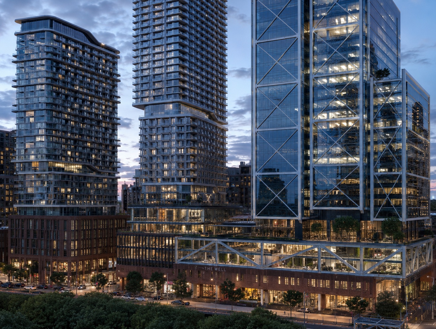 The Well, Shopify HQ, Toronto, at dusk